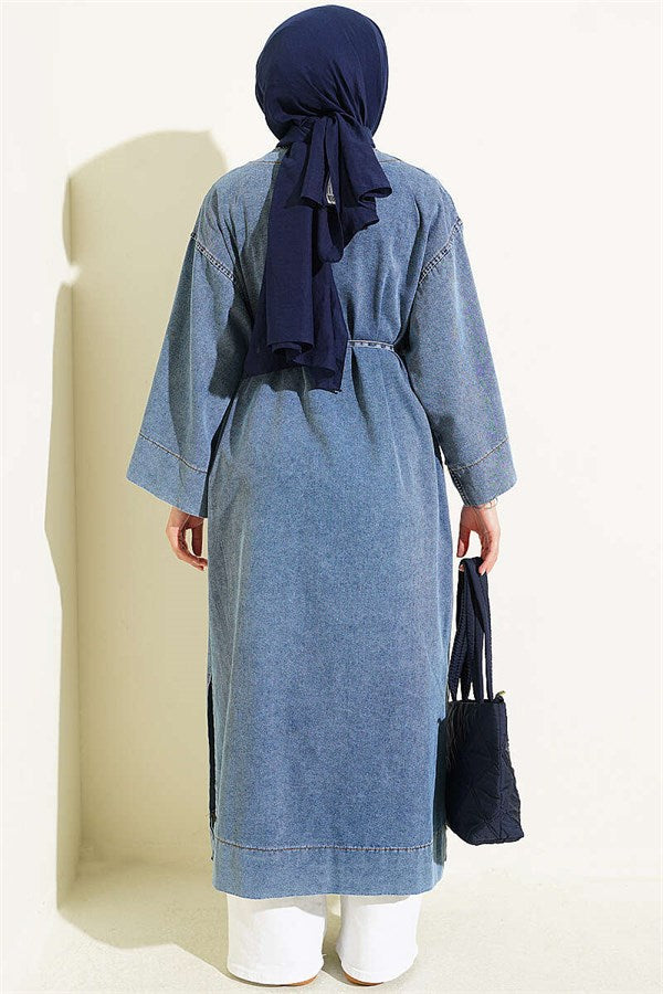 Long Coat with Gold Accessories, Light Blue