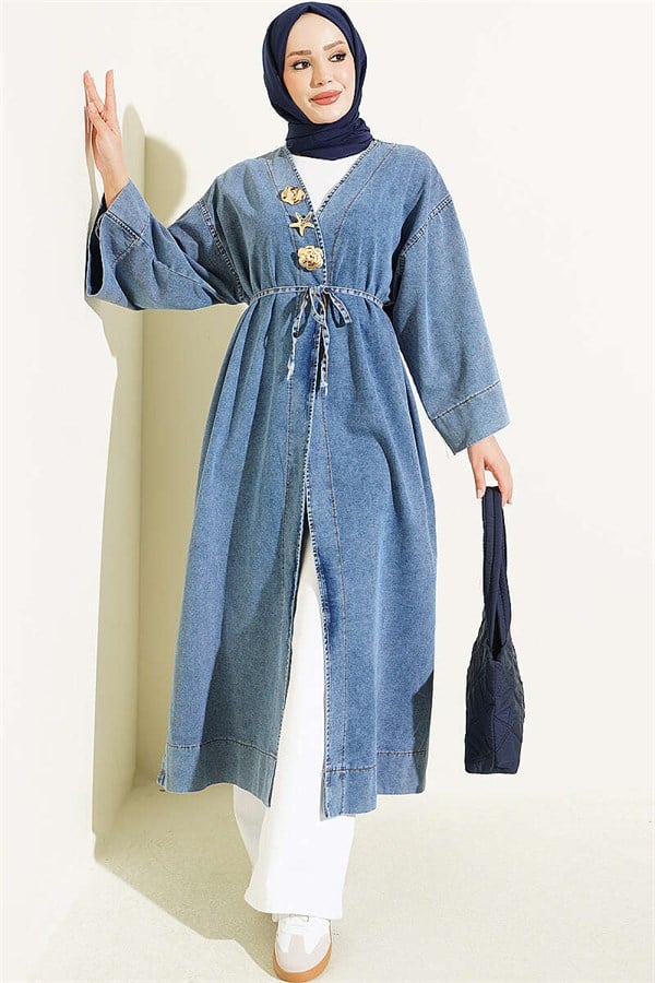 Long Coat with Gold Accessories, Light Blue