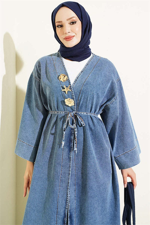 Long Coat with Gold Accessories, Light Blue