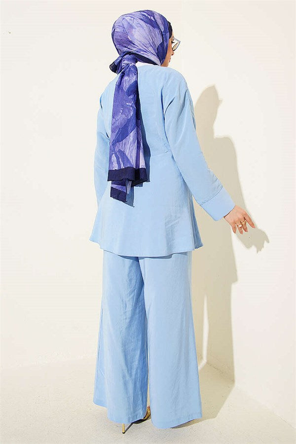 Baby Blue V-Neck Modal 2 Piece Set with Gold Accessories