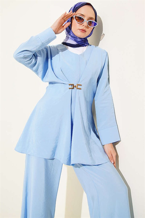 Baby Blue V-Neck Modal 2 Piece Set with Gold Accessories