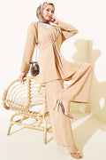 Beige V-Neck Modal 2 Piece Set with Gold Accessories