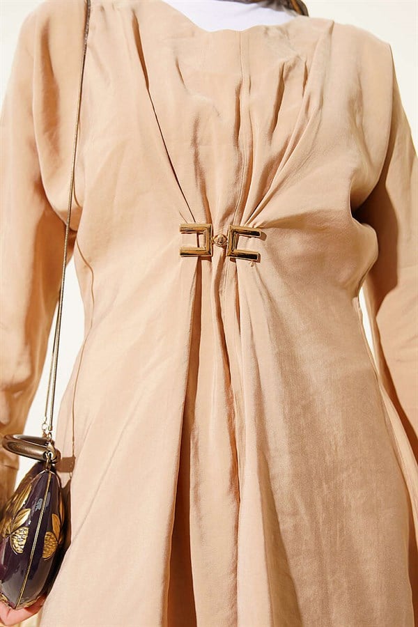 Beige V-Neck Modal 2 Piece Set with Gold Accessories