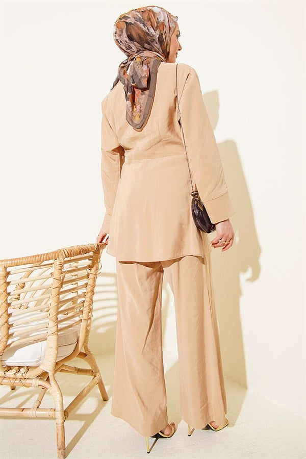 Beige V-Neck Modal 2 Piece Set with Gold Accessories