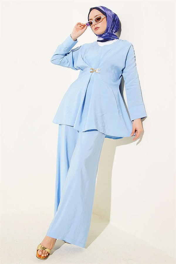 Baby Blue V-Neck Modal 2 Piece Set with Gold Accessories
