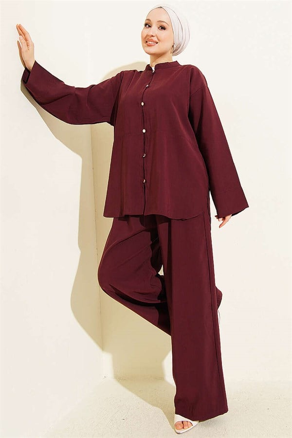 Gold Brit Buttoned Modal 2 Piece Set in Burgundy