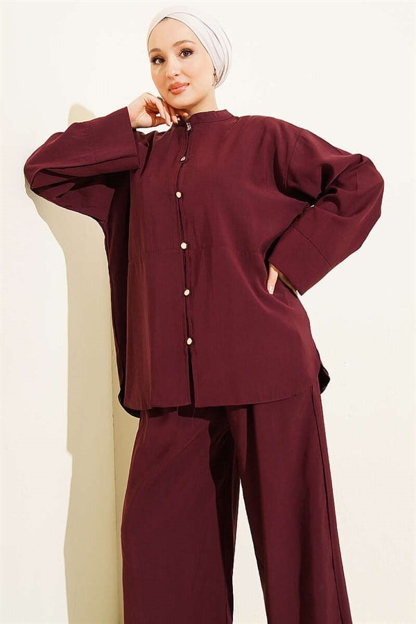 Gold Brit Buttoned Modal 2 Piece Set in Burgundy