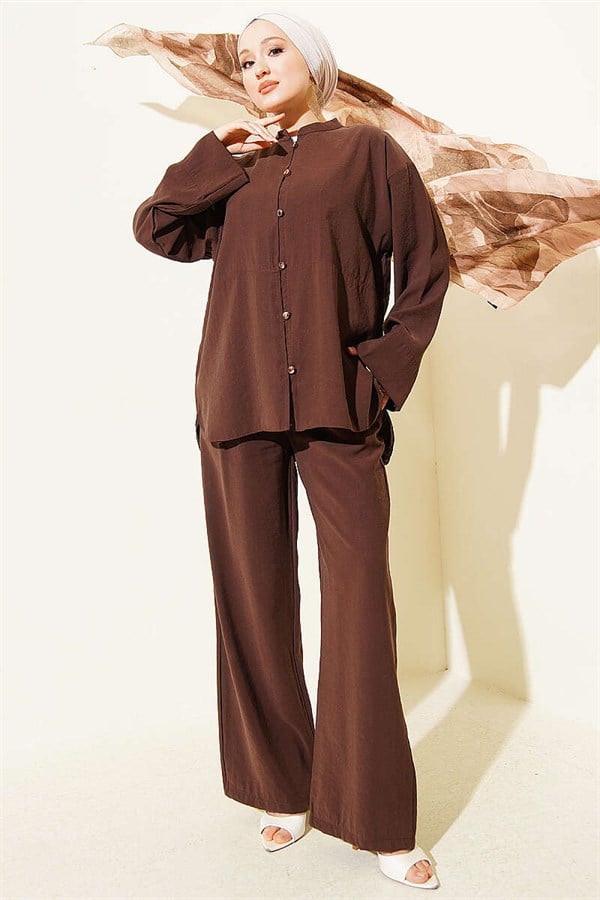 Gold Brit Buttoned Modal 2 Piece Set in Coffee