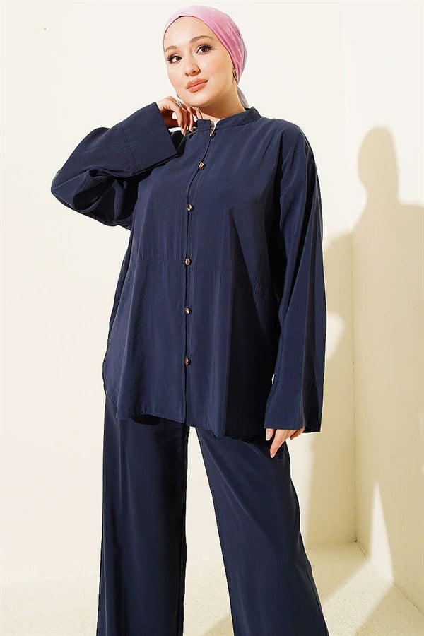 Gold Brit Buttoned Modal 2 Piece Set Navy Blue