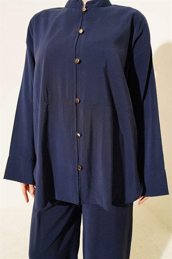 Gold Brit Buttoned Modal 2 Piece Set Navy Blue