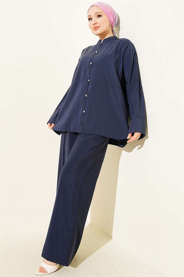 Gold Brit Buttoned Modal 2 Piece Set Navy Blue