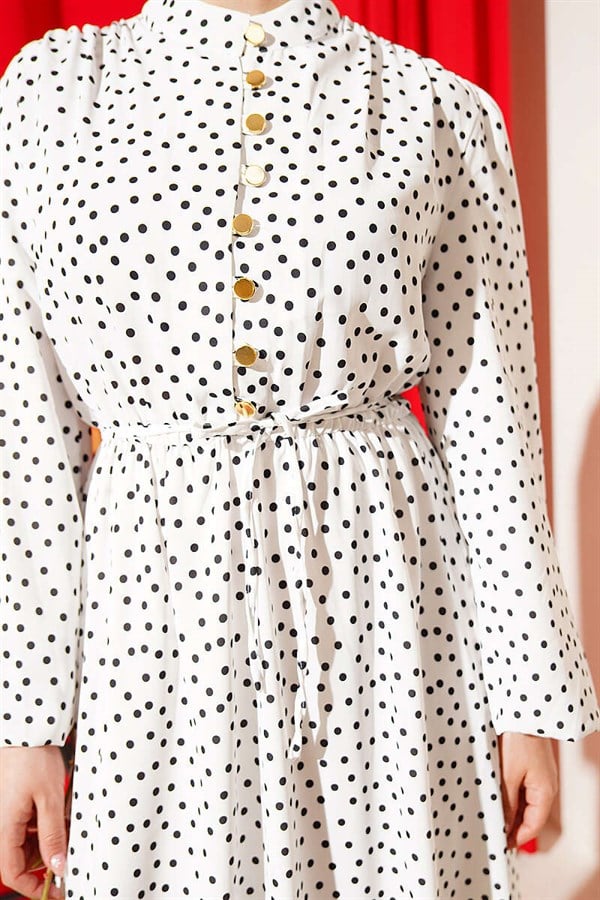 Gold Brit Buttoned Polka Dot Dress White
