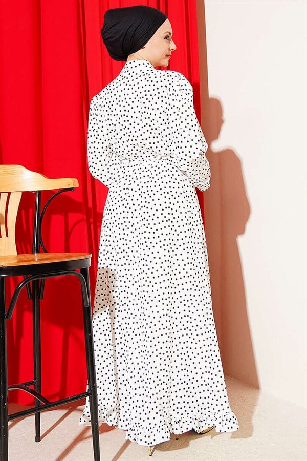 Gold Brit Buttoned Polka Dot Dress White