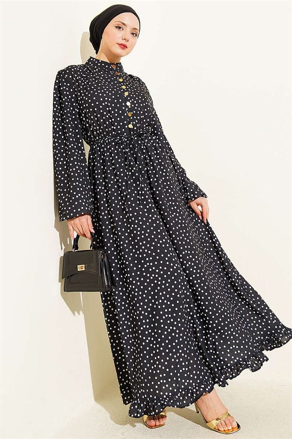 Gold Brit Buttoned Polka Dot Dress Black