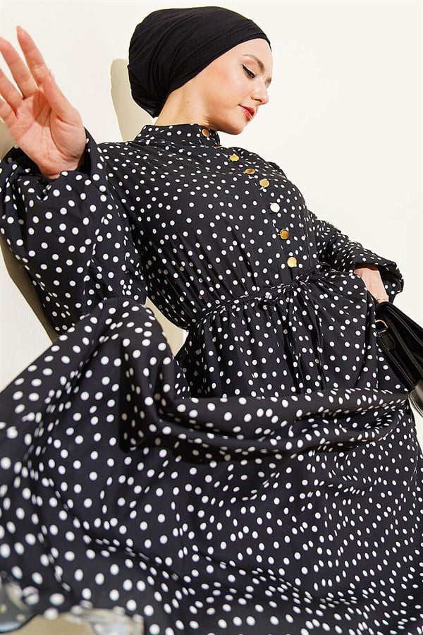 Gold Brit Buttoned Polka Dot Dress Black