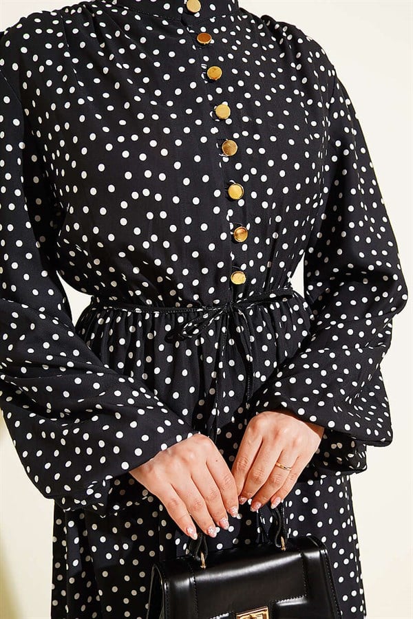 Gold Brit Buttoned Polka Dot Dress Black