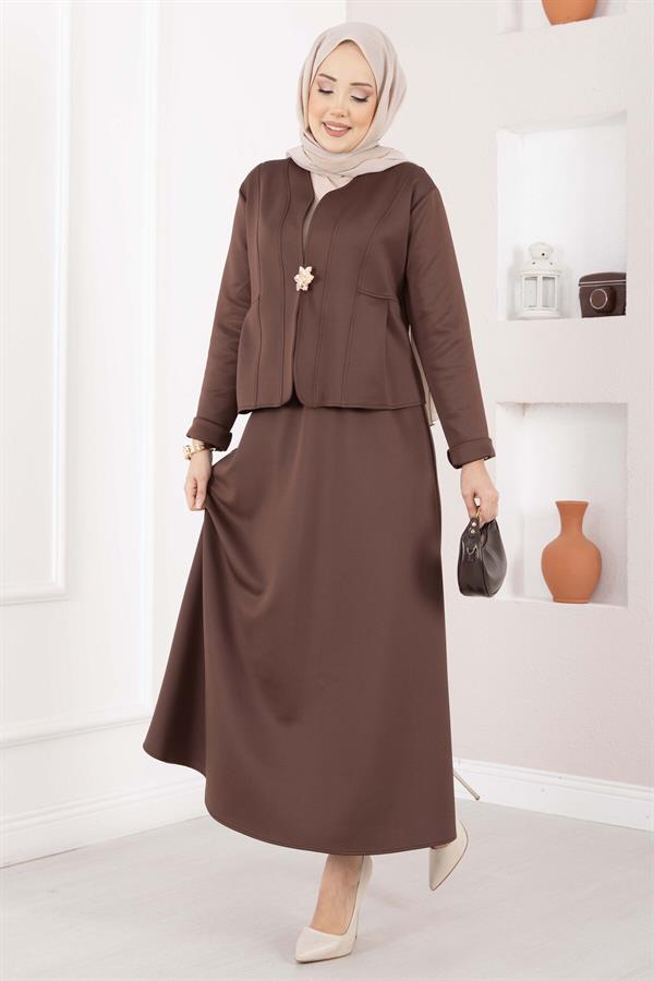 Two-Piece Jacket and Skirt Set with Gold Brooch, Coffee