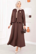 Two-Piece Jacket and Skirt Set with Gold Brooch, Coffee