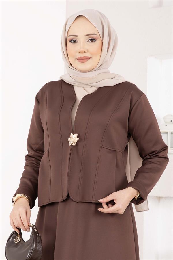 Two-Piece Jacket and Skirt Set with Gold Brooch, Coffee