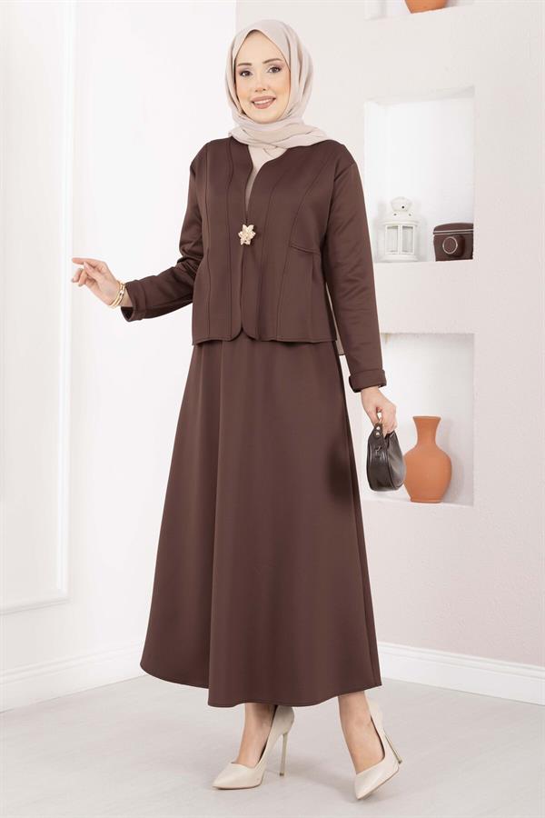 Two-Piece Jacket and Skirt Set with Gold Brooch, Coffee