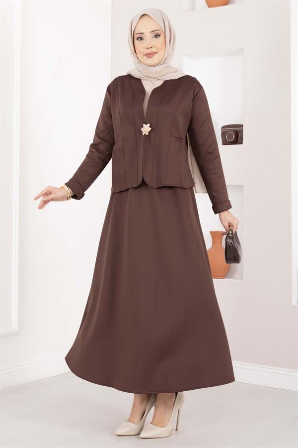 Two-Piece Jacket and Skirt Set with Gold Brooch, Coffee