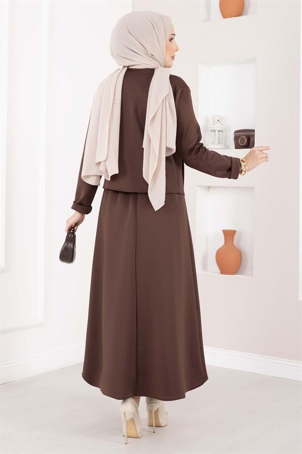 Two-Piece Jacket and Skirt Set with Gold Brooch, Coffee