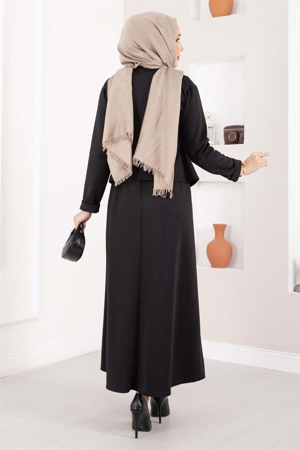 Gold Brooch Jacket and Skirt Two-Piece Set, Black