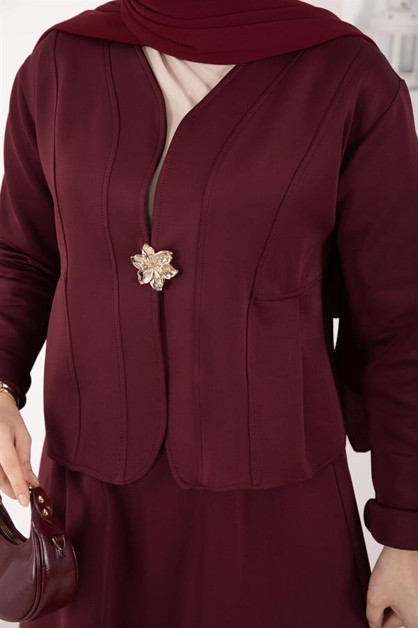 Burgundy Two-Piece Jacket and Skirt Set with Gold Brooch