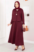 Burgundy Two-Piece Jacket and Skirt Set with Gold Brooch