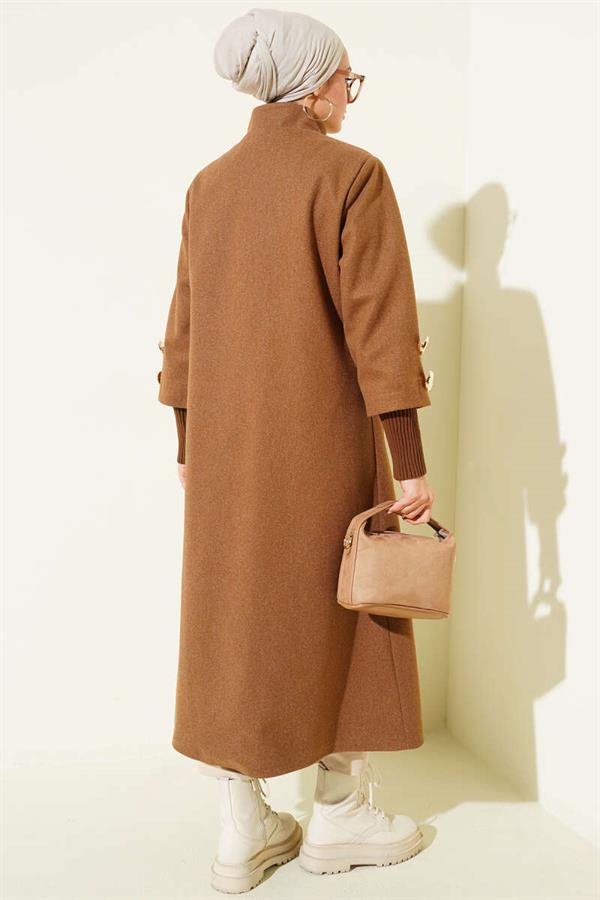 Latte Cashmere Coat with Gold Brooch and Pockets