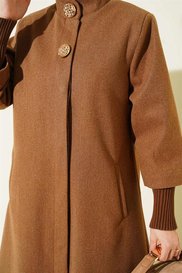 Latte Cashmere Coat with Gold Brooch and Pockets