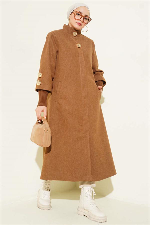 Latte Cashmere Coat with Gold Brooch and Pockets