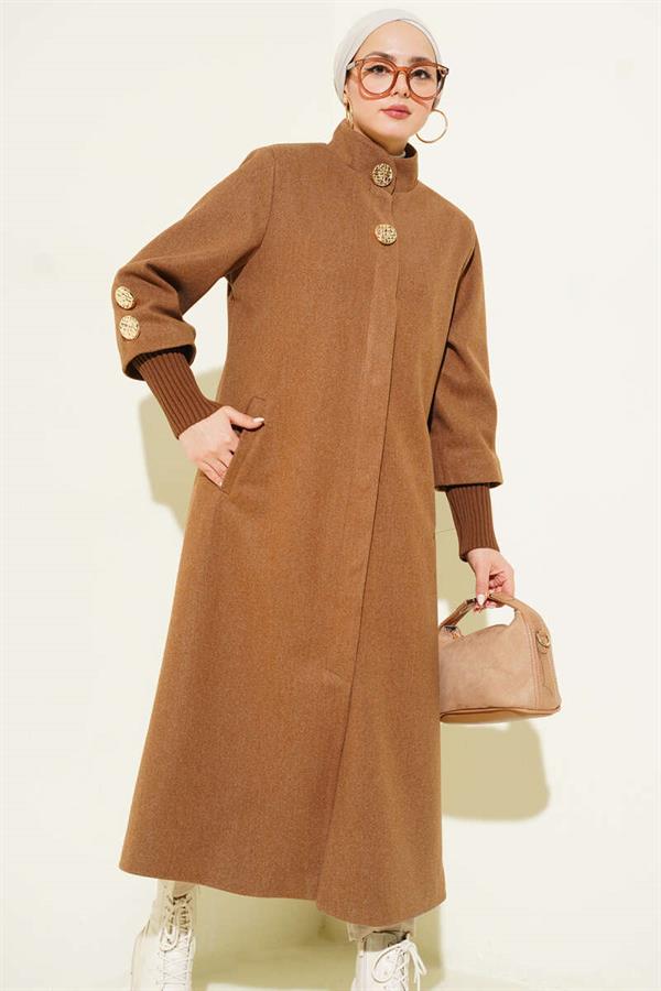 Latte Cashmere Coat with Gold Brooch and Pockets