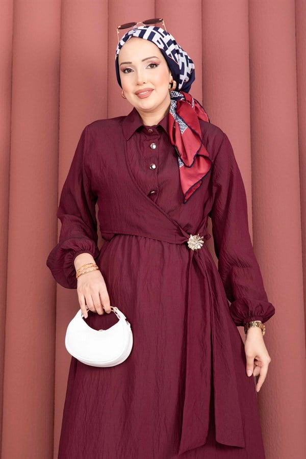 Burgundy Side-Tie Hijab Dress with Gold Brooch