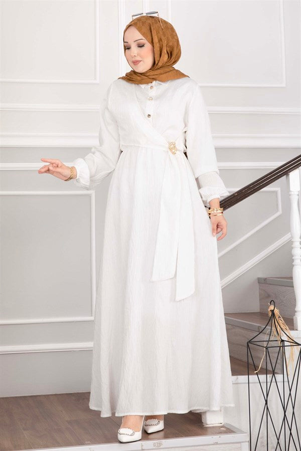 Side-Tie Hijab Dress with Gold Brooch, Ecru