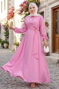 Pink Side-Tie Hijab Dress with Gold Brooch