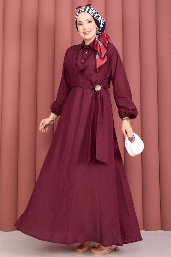 Burgundy Side-Tie Hijab Dress with Gold Brooch