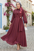 Burgundy Side-Tie Hijab Dress with Gold Brooch