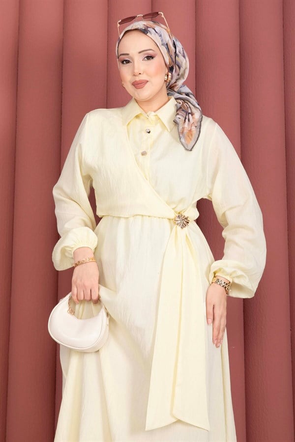 Yellow Side-Tie Hijab Dress with Gold Brooch