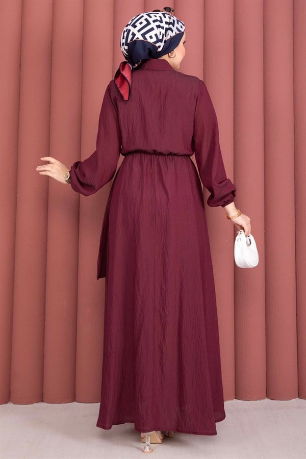 Burgundy Side-Tie Hijab Dress with Gold Brooch