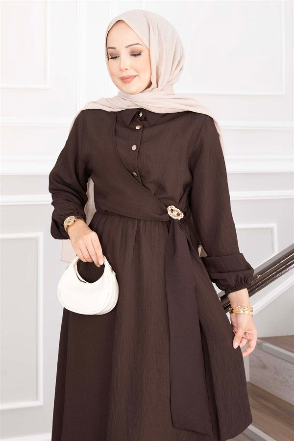 Side-Tie Hijab Dress with Gold Brooch, Dark Brown