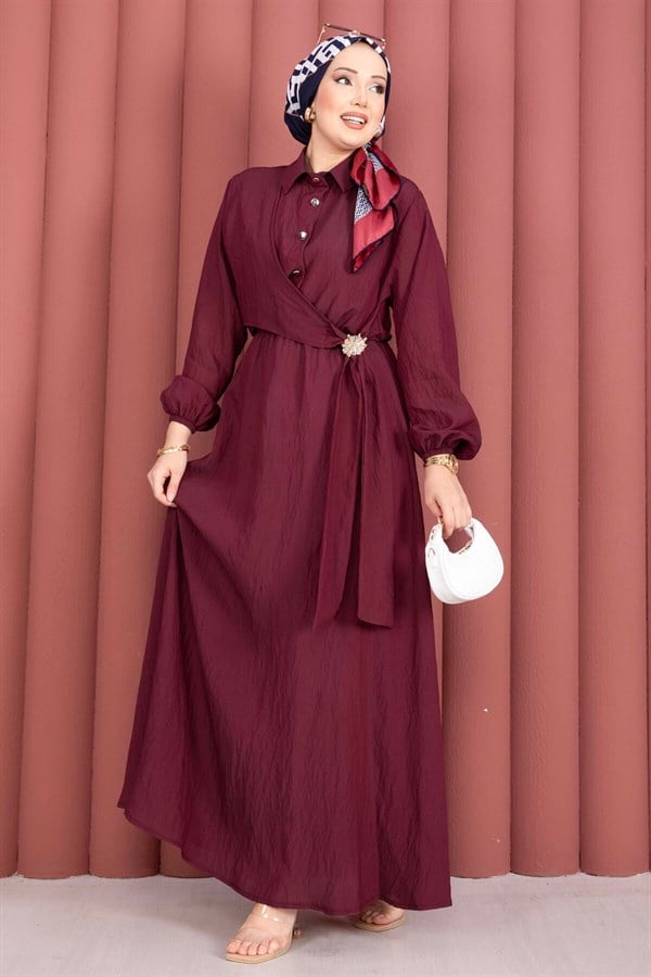 Burgundy Side-Tie Hijab Dress with Gold Brooch