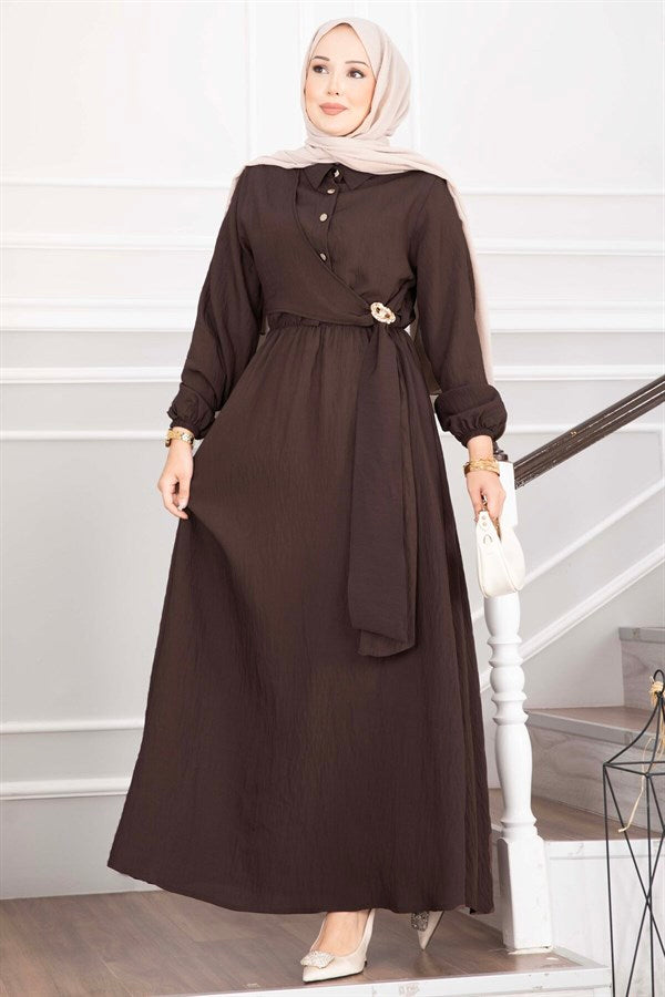 Side-Tie Hijab Dress with Gold Brooch, Dark Brown