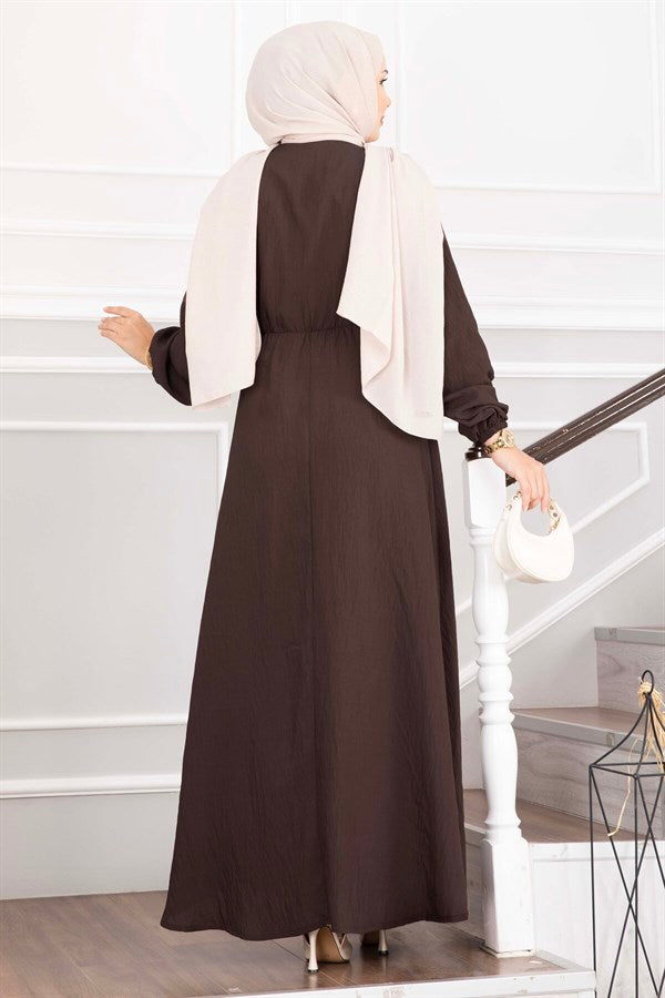 Side-Tie Hijab Dress with Gold Brooch, Dark Brown
