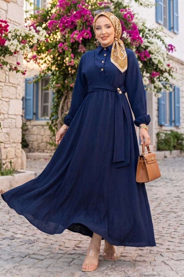 Navy Blue Side-Tie Modest Dress with Gold Brooch