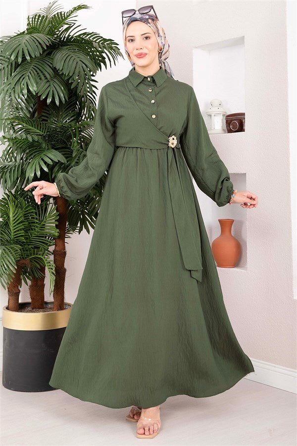 Khaki Side-Tie Hijab Dress with Gold Brooch