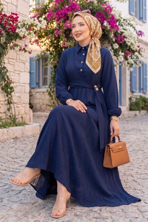 Navy Blue Side-Tie Modest Dress with Gold Brooch
