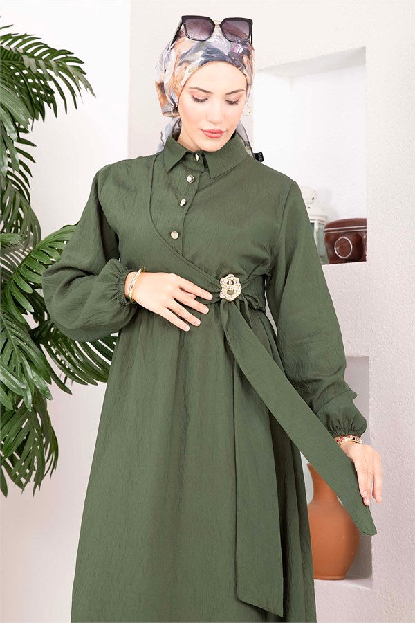 Khaki Side-Tie Hijab Dress with Gold Brooch