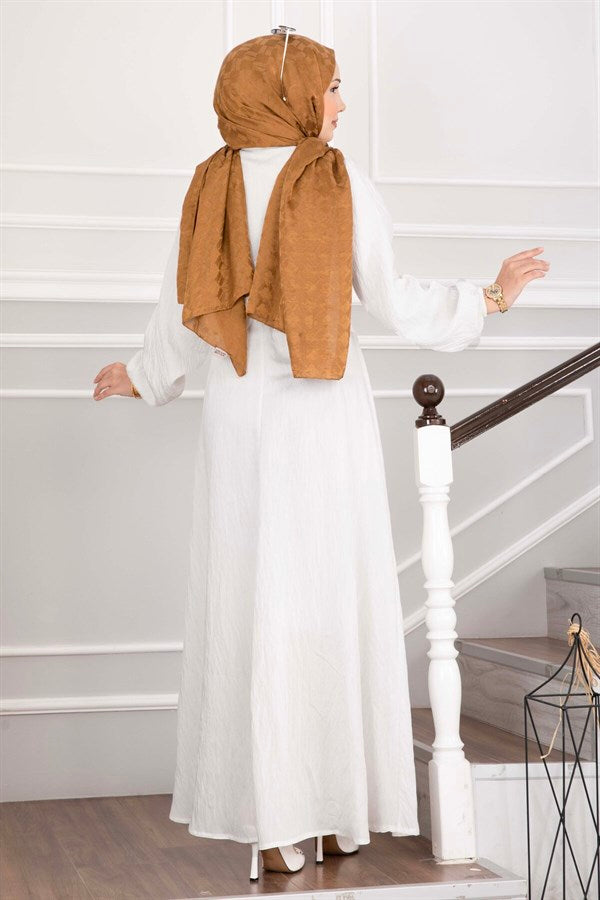 Side-Tie Hijab Dress with Gold Brooch, Ecru