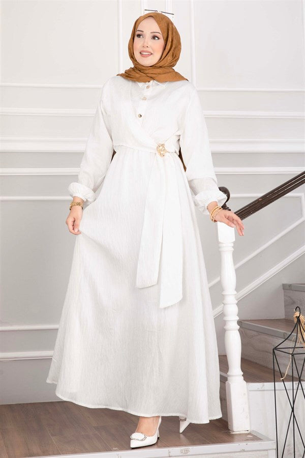Side-Tie Hijab Dress with Gold Brooch, Ecru